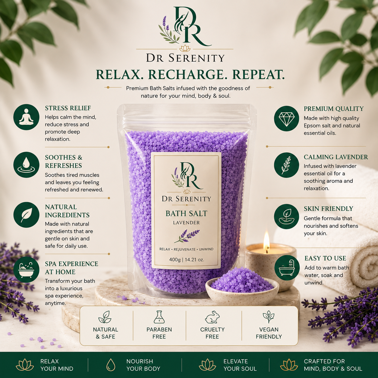 Dr Serenity Spoil Yourself Premium Bath Salt | Lavender Aromatherapy Bath Soak | Relaxing Spa Experience | 400g